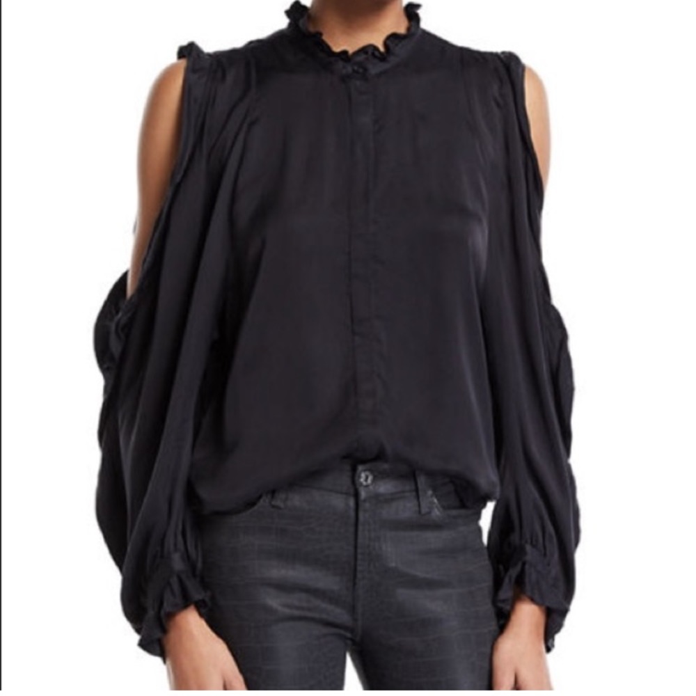 7FAM Cold Shoulder Blouse Black Ruffle Button Down, New w/ Tags, Size Large $199